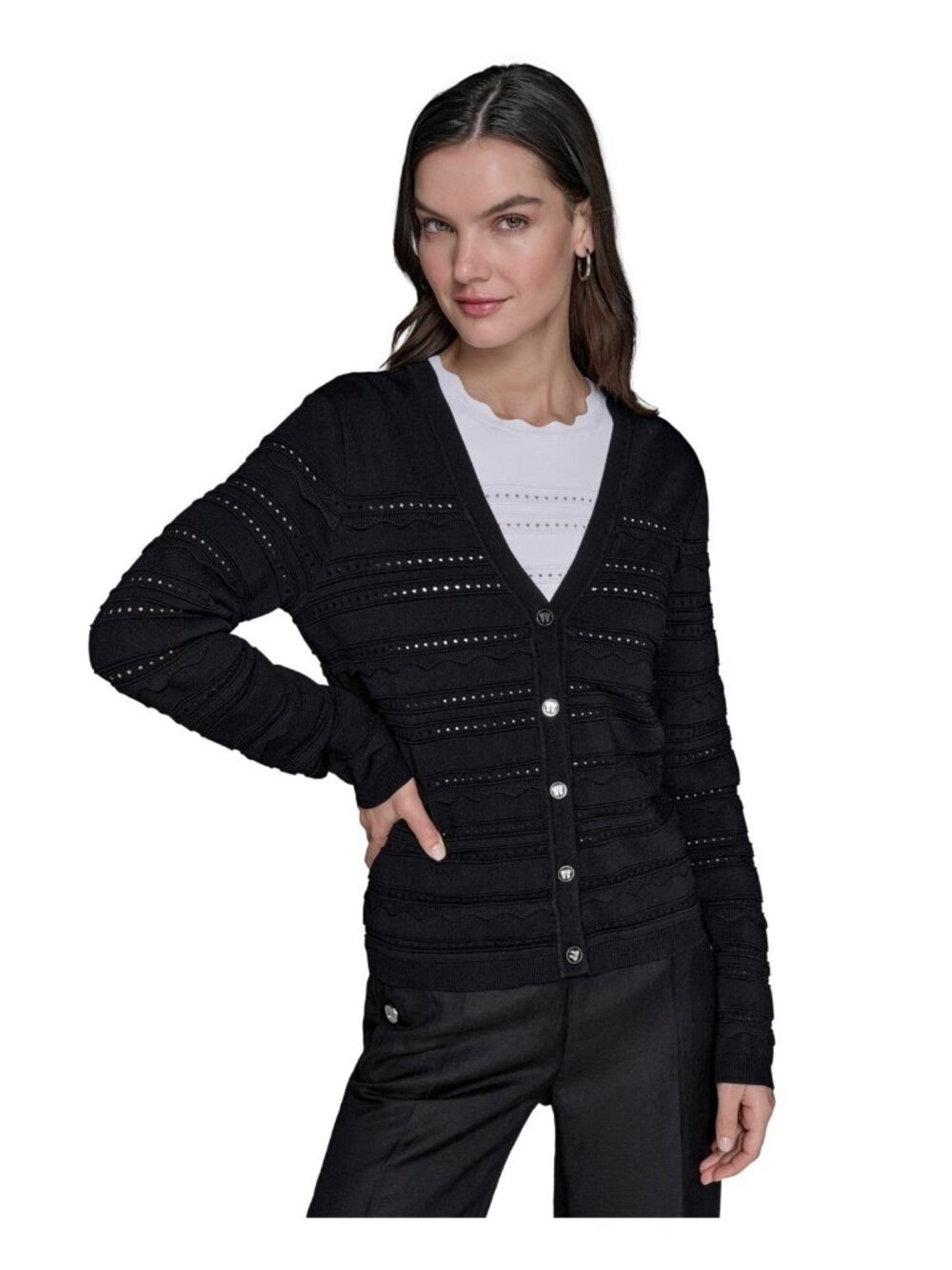 KARL LAGERFELD PARIS Women V-neck Scalloped-Trim Cardigan Black Size XS $129